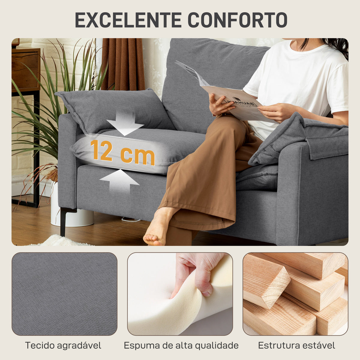 Sofá de 2 Lugares Revestido em Veludo Sofá Moderno com Pés de Metal Apoios de Braços Acolchoados para Sala Quarto Escritório 130x77x84 cm Cinza — foto 4