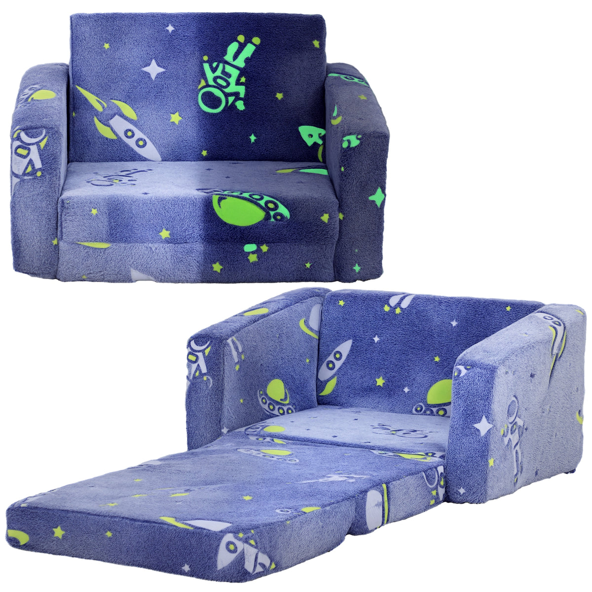 Poltrona para Crianças Dobrável Sofá Infantil Reclinável 2 em 1 Sofá para Crianças Estofado em Tecido Luminoso com Desenho Espacial e Capa Lavável para Dormitório Sala de Estar Azul — foto 1
