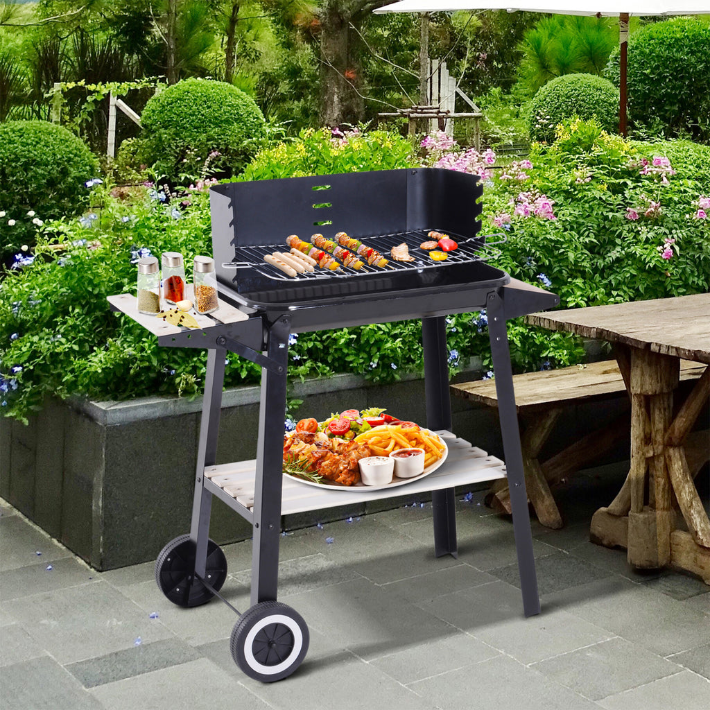 Barbecue a Carvão com Grelha Ajustável em Altura Prateleiras e Rodas para Jardim Exterior Campismo 83x45x87 cm Preto — foto 2