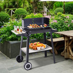 Barbecue a Carvão com Grelha Ajustável em Altura Prateleiras e Rodas para Jardim Exterior Campismo 83x45x87 cm Preto — foto 2