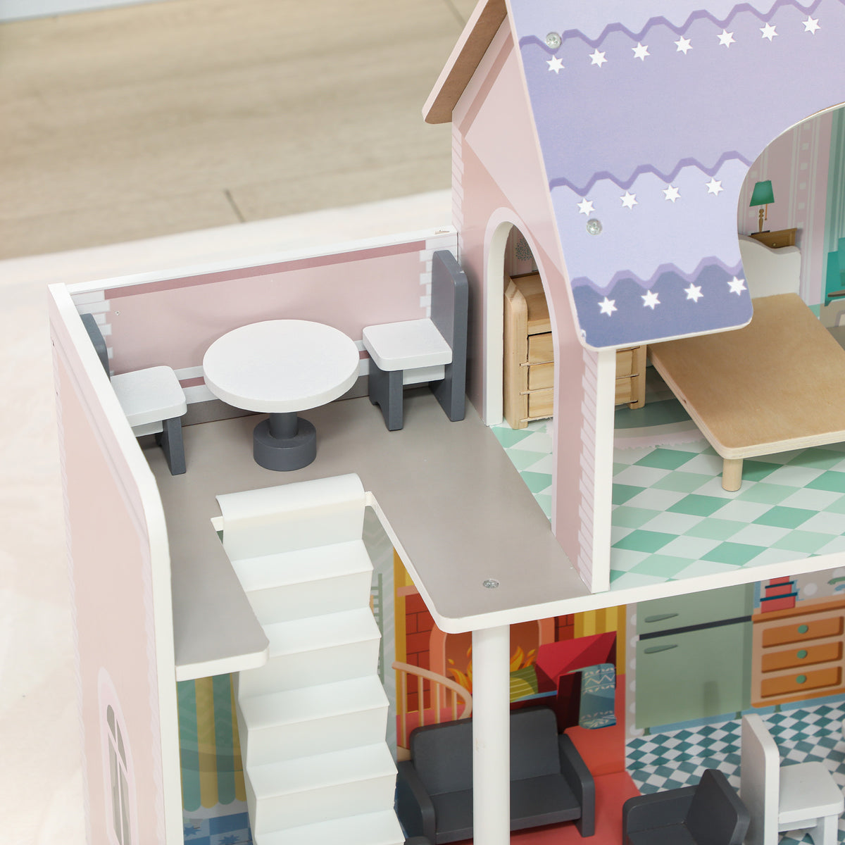 Casa de Bonecas com Móveis e Acessórios Casa de Bonecas de Madeira com Varanda e 2 Andares Brinquedo para Meninas e Meninos acima de 3 Anos 60x26,6x60 cm Multicor — foto 7