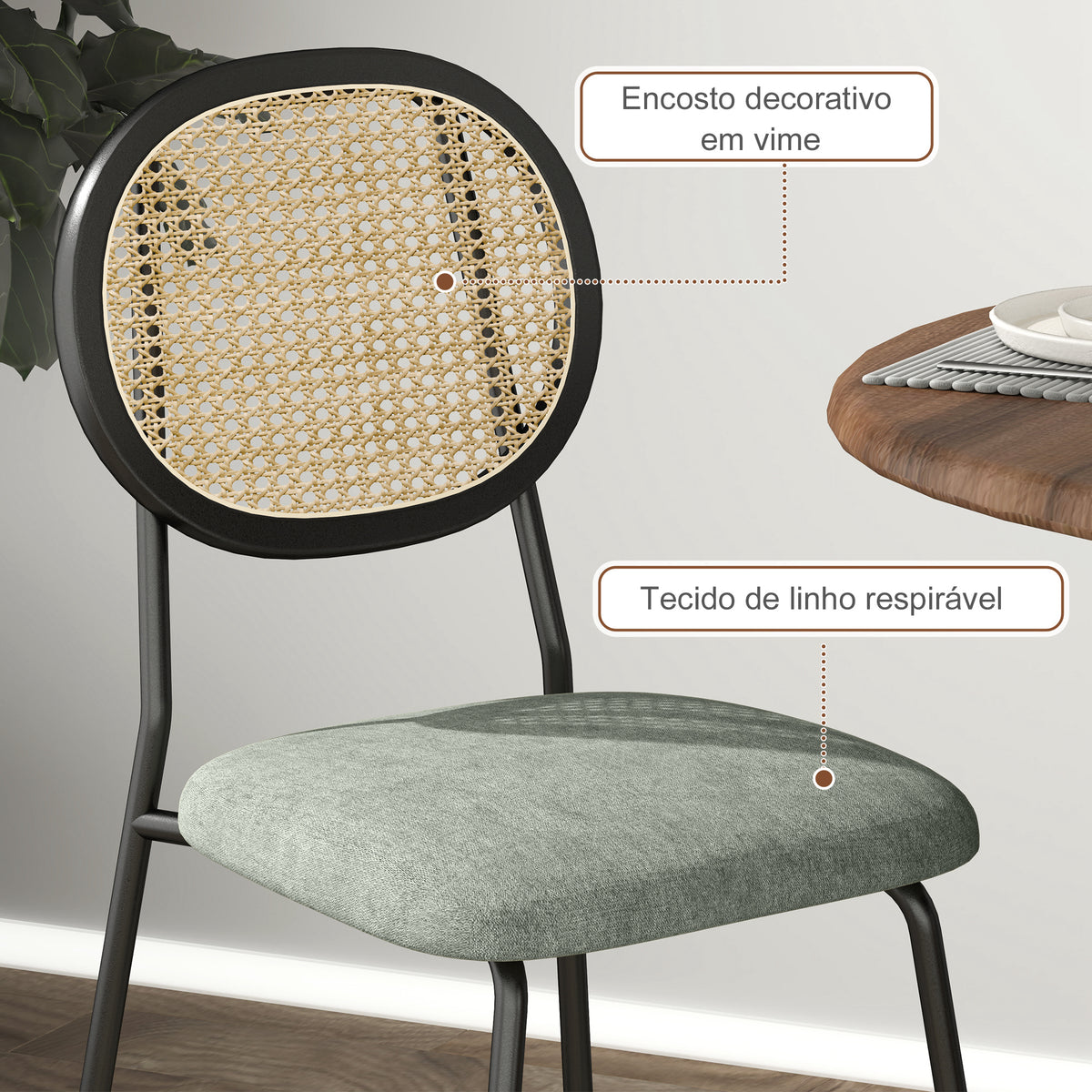 Conjunto de 2 Cadeiras de Sala de Jantar Cadeiras de Cozinha com Encosto em Vime Sintético e Estrutura de Aço para Sala de Jantar 44x54x87 cm Verde Escuro e Preto — foto 5