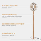 Candeeiro de Pé com Ecrã Giratório de 360° Interruptor de Pé LED E27 Máx. 40W Base de Madeira Candeeiro de Pé para Sala de Estar Dormitório Estúdio 38x38x160cm Natural — foto 5