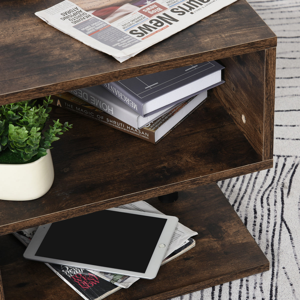 Mesa de apoio para sofá Mesa de centro para sala de estar Mesa de apoio estilo industrial em S com prateleiras em 3 níveis 48x48x48 cm Cor Madeira envelhecida — foto 8