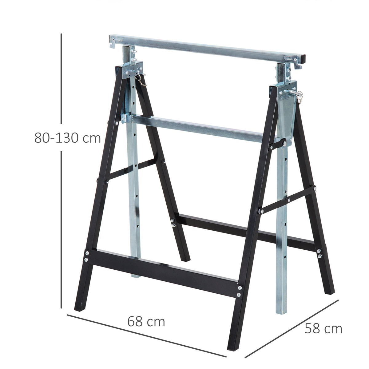 Conjunto de 2 Cavaletes Telescópicos Dobráveis com Altura Ajustável Cavaletes de Serra de Aço para Mesa de Trabalho Carga 200kg 68x58x80-130cm Preto — foto 3