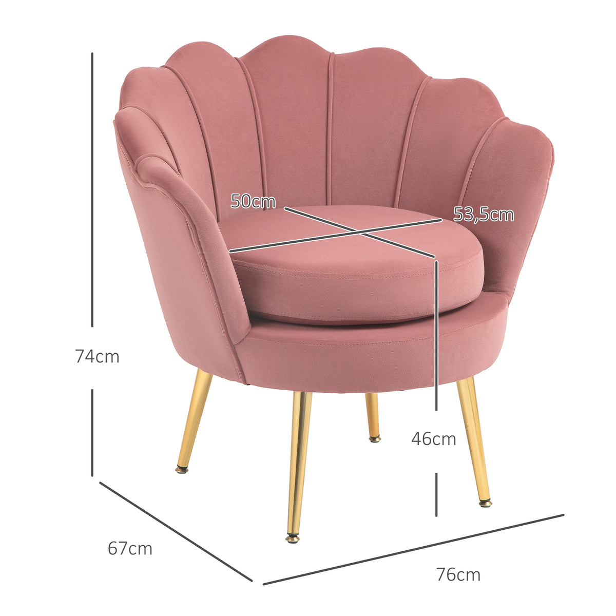 Poltrona de Sala Estofada em Veludo Poltrona para Quarto com Encosto em Forma de Concha e Pernas Douradas para Sala de Jantar 76x67x74 cm Rosa — foto 3