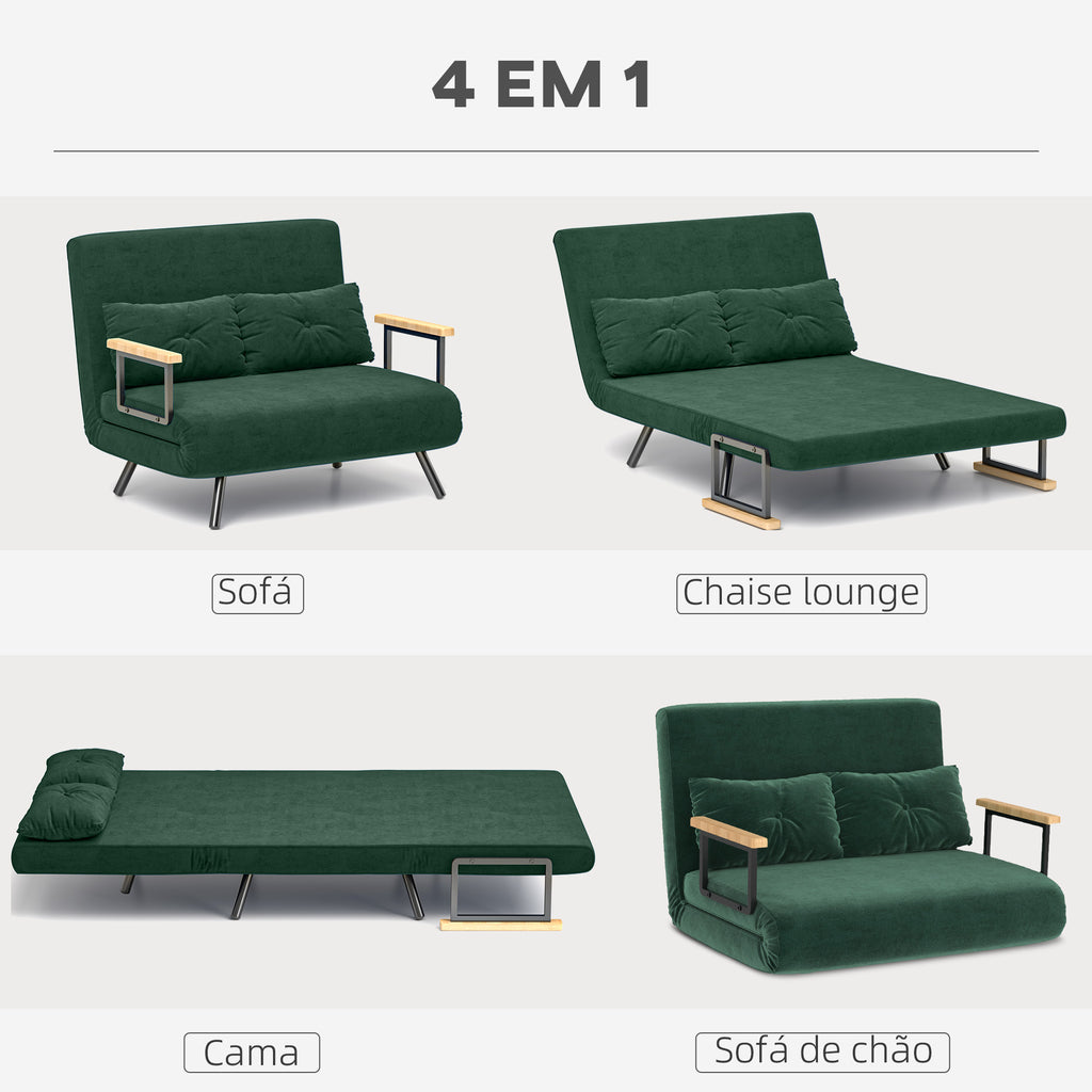 Sofá Cama Sofá Convertível em Cama de 2 Lugares Dobrável com Encosto Ajustável em 5 Níveis e 2 Almofadas Acolchoadas para Escritório Dormitório Sala de Estar 102x73x81 cm Verde — foto 4