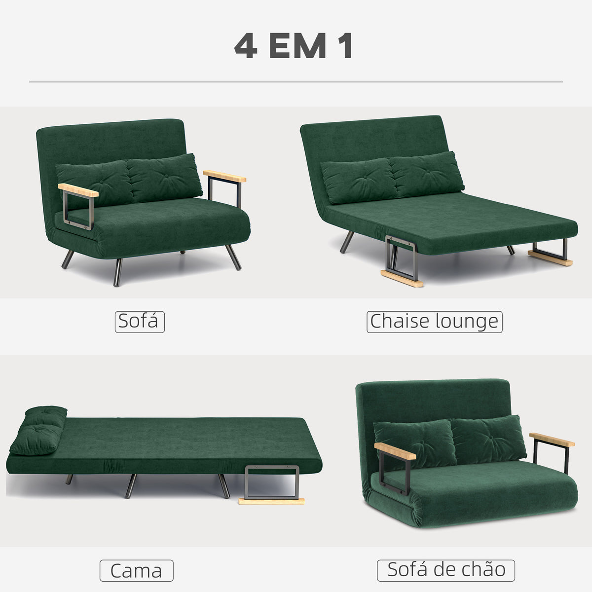 Sofá Cama Sofá Convertível em Cama de 2 Lugares Dobrável com Encosto Ajustável em 5 Níveis e 2 Almofadas Acolchoadas para Escritório Dormitório Sala de Estar 102x73x81 cm Verde — foto 4