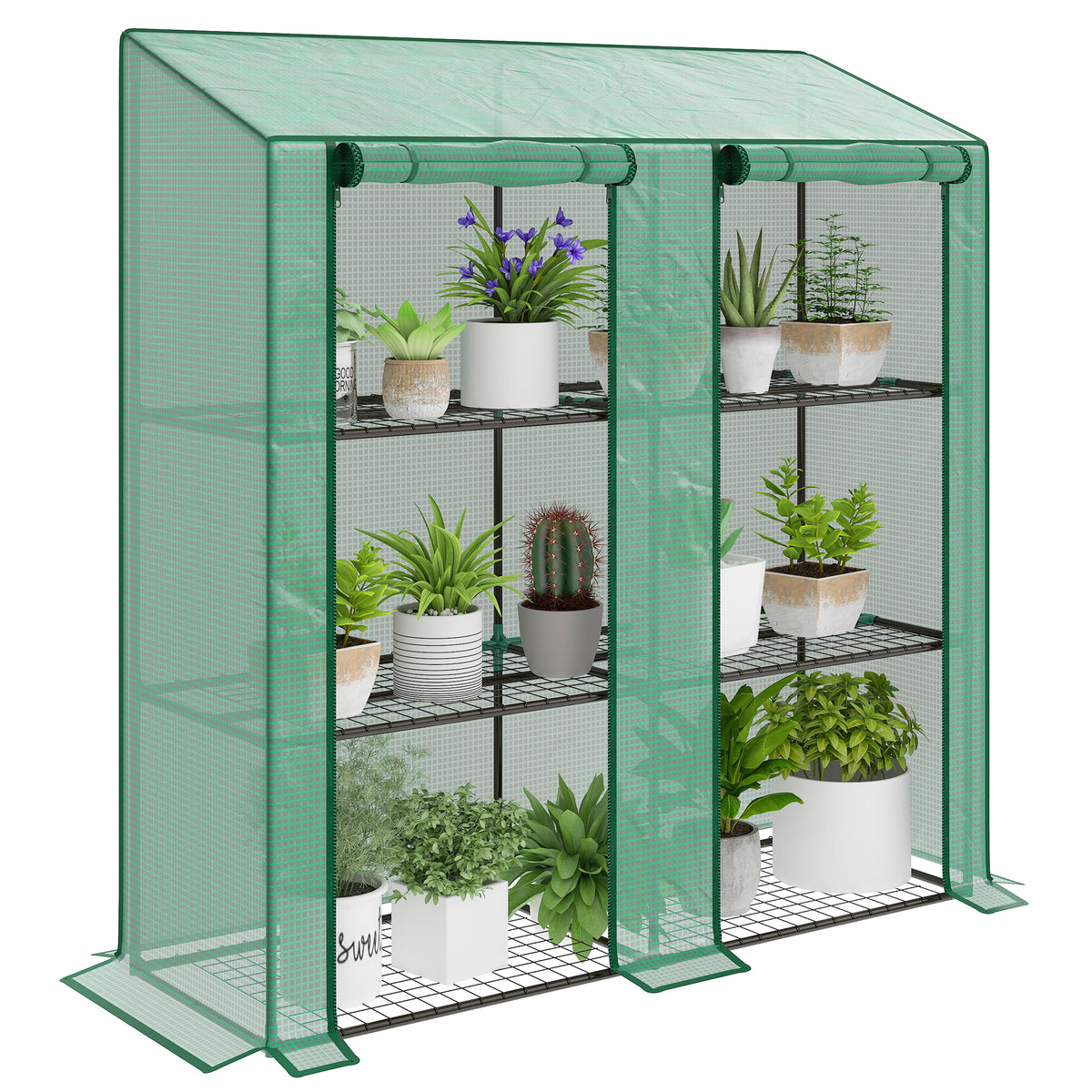 Estufa de Jardim de 3 Níveis Estufa de Terraço com Prateleiras Teto Inclinado e 2 Portas com Fecho de Correr para Cultivo de Plantas em Pátio 143x46x141/151 cm Verde — foto 1