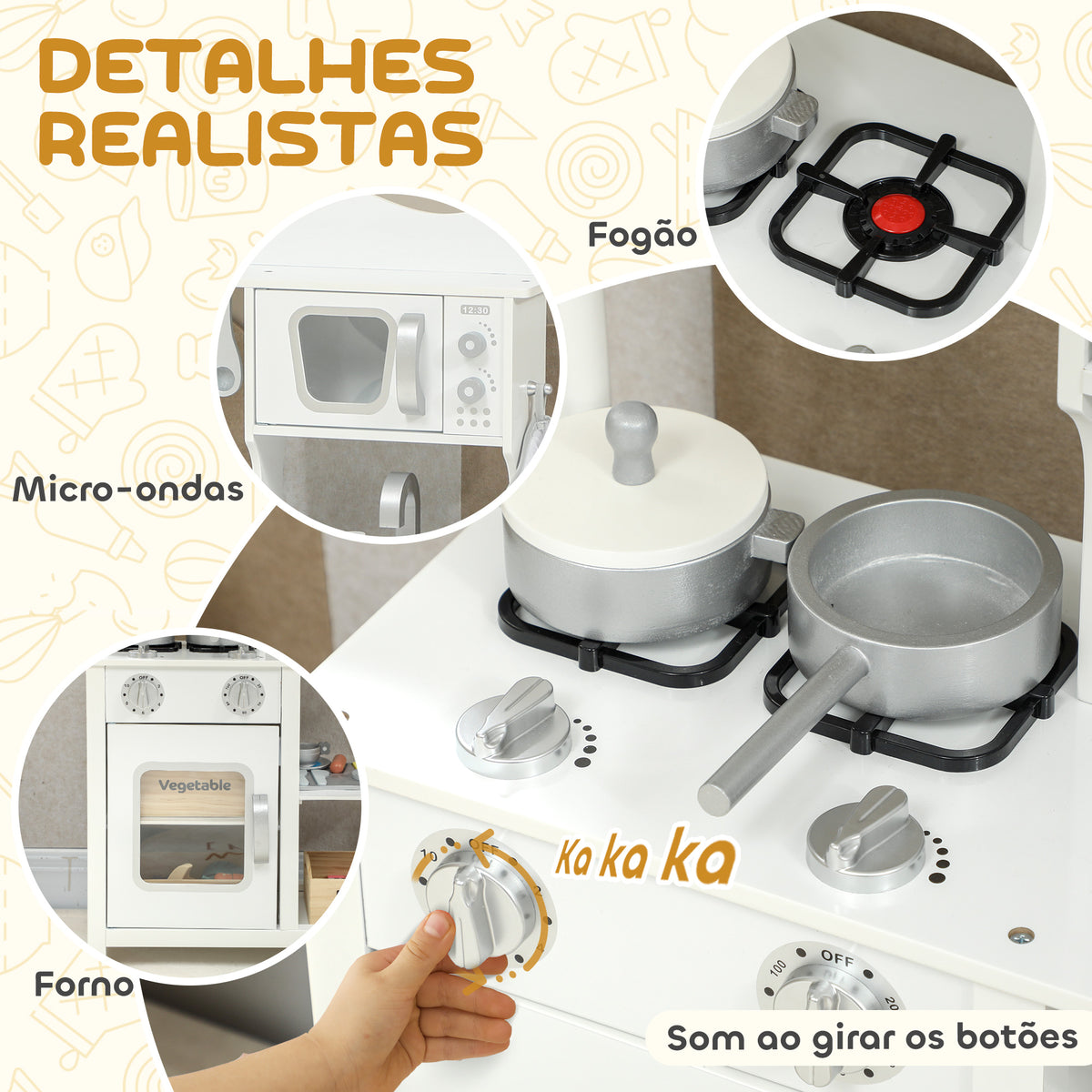 Cozinha de Brincar em Madeira com Som Cozinha Infantil com Acessórios Lava-Loiças Micro-Ondas e Fogão Brinquedos para Crianças a Partir de 3 Anos 55x24x86 cm Branco — foto 4