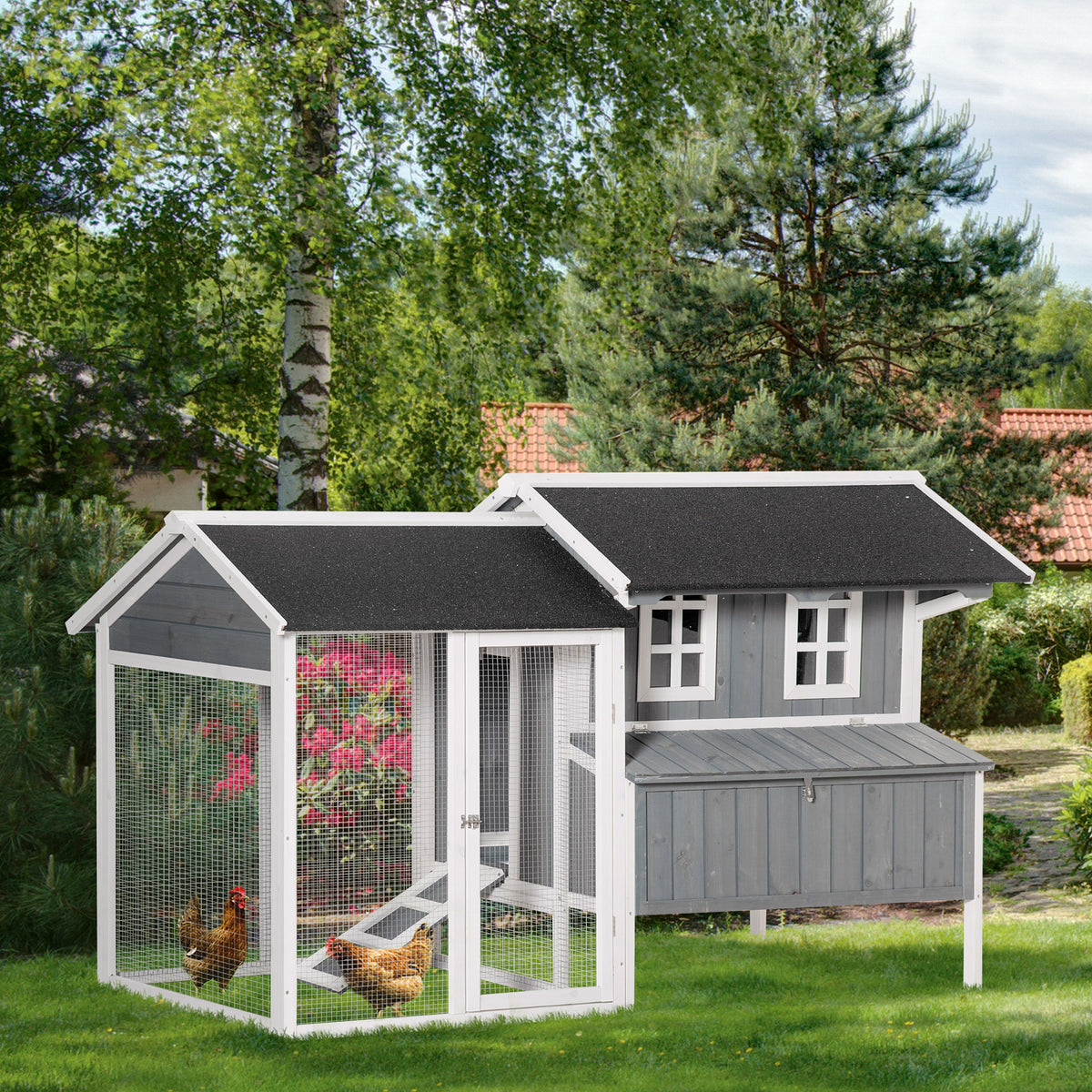 Galinheiro de Madeira Exterior Gaiola para 2-3 Galinhas com Grade de Arame Ninho Teto Asfáltico Bandeja Removível 2 Poleiros e Rampa 209,5x96x123 cm Cinza Azulado — foto 2
