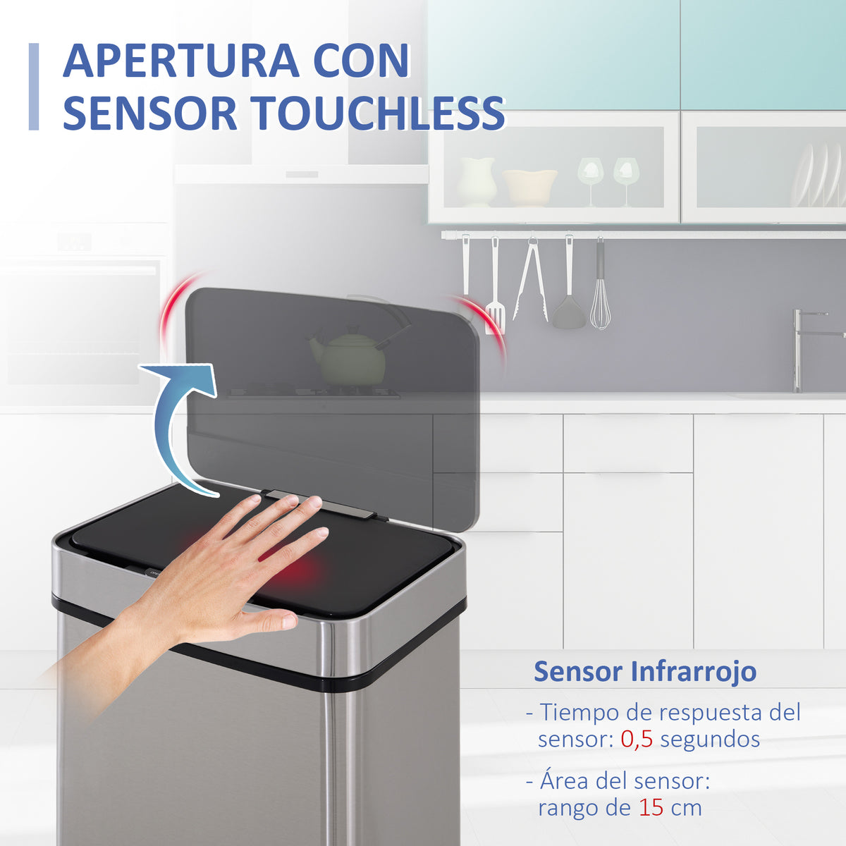 Balde de Lixo 72 L com Abertura Automática Balde de Lixo de Aço Inoxidável e Reciclagem para Cozinha 42x30x81 cm Prata — foto 4