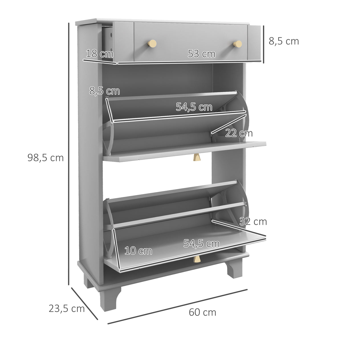 Sapateira Móvel Sapateira Estreita com 2 Portas e 1 Gaveta para 8 Pares de Sapatos para Entrada Corredor 60x23,5x98,5 cm Cinzento — foto 3