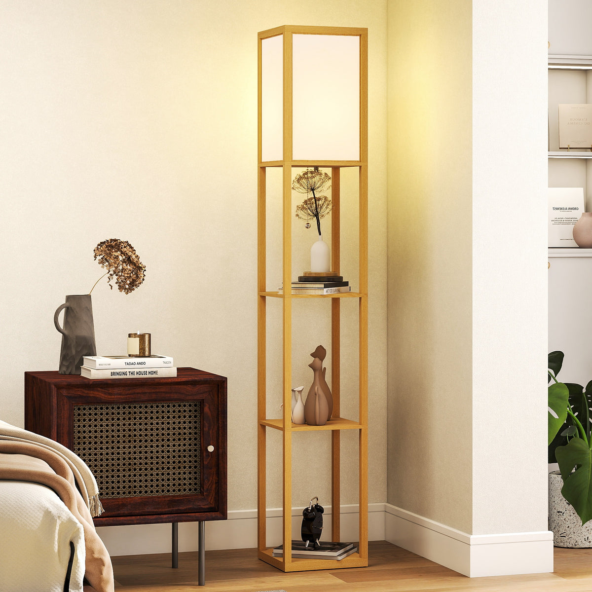 Candeeiro de Pé de Madeira com 3 Prateleiras De Armazenamento para Lâmpada E27 Potência Máx. 40W Candeeiro Moderno para Sala de Estar Dormitório 26x26x160 cm Madeira e Branco — foto 2