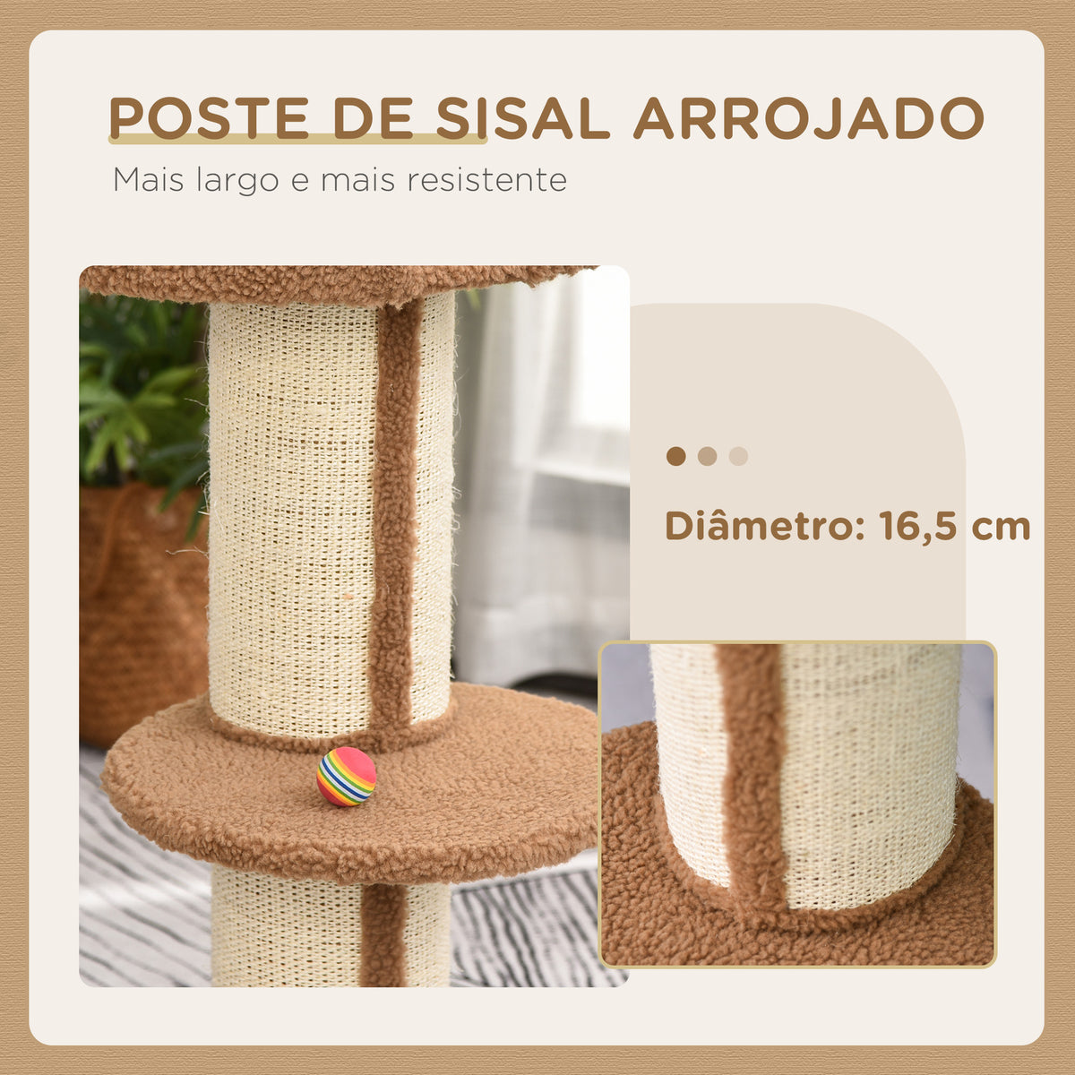 Arranhador para Gatos Altura 91 cm Arranhador para Gatos de 3 Níveis com Ninho Plataforma e Poste de Sisal 45x45x91 cm Marrom Claro — foto 6