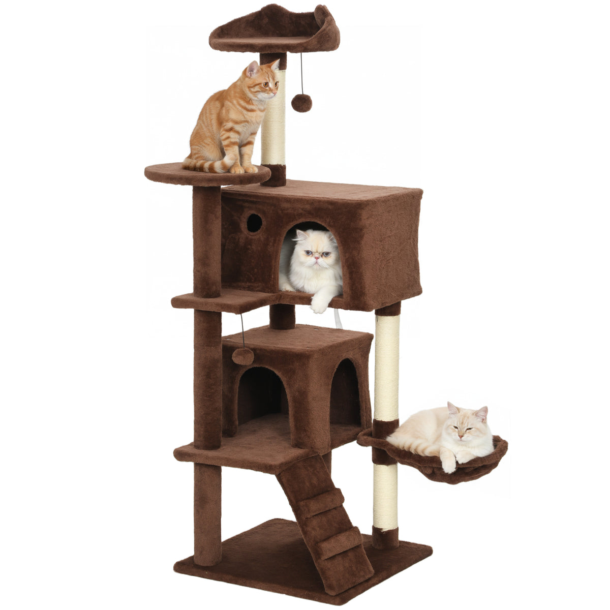 Arranhador para Gatos 140 cm Torre de Escalada com Múltiplas Plataformas Cama 2 Cavernas Rede Escada Postes de Sisal Bolas para Brincar Marrom — foto 1