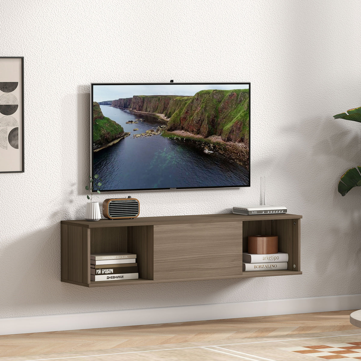 Armário de Casa de Banho de Parede Móvel de Casa de Banho Suspenso com 2 Compartimentos Abertos e Porta Rebatível 120x30x29,5 cm Marrom Escuro — foto 2