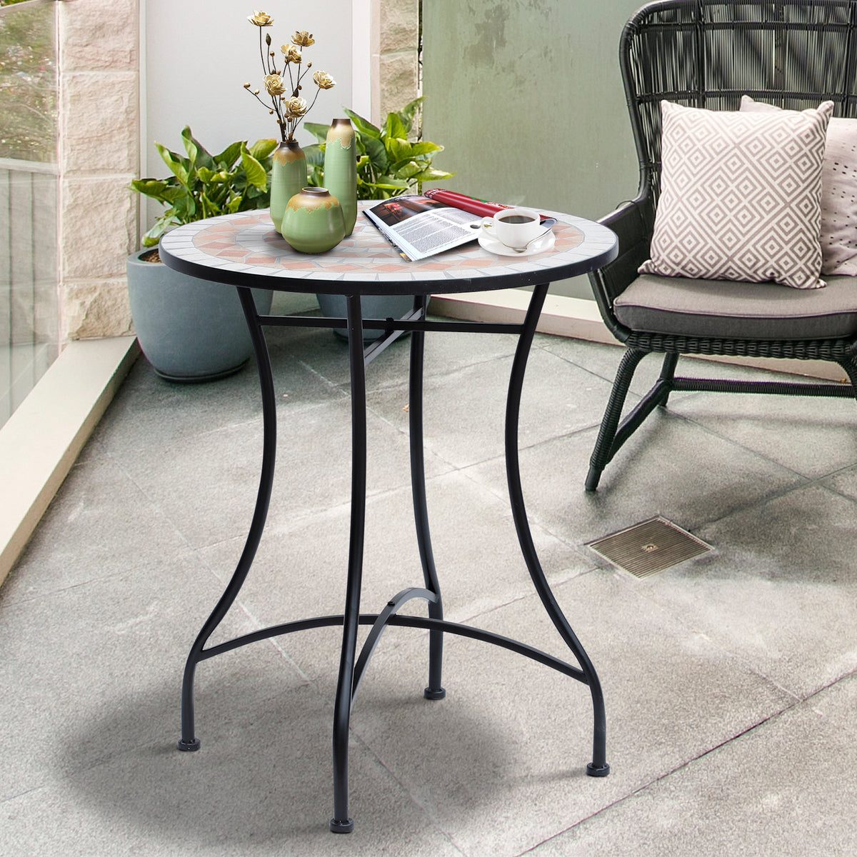 Mesa de Jardim Mesa Mosaico Cerâmica e Redonda Mesita de Café para Varanda Terraço Φ60x71cm — foto 2