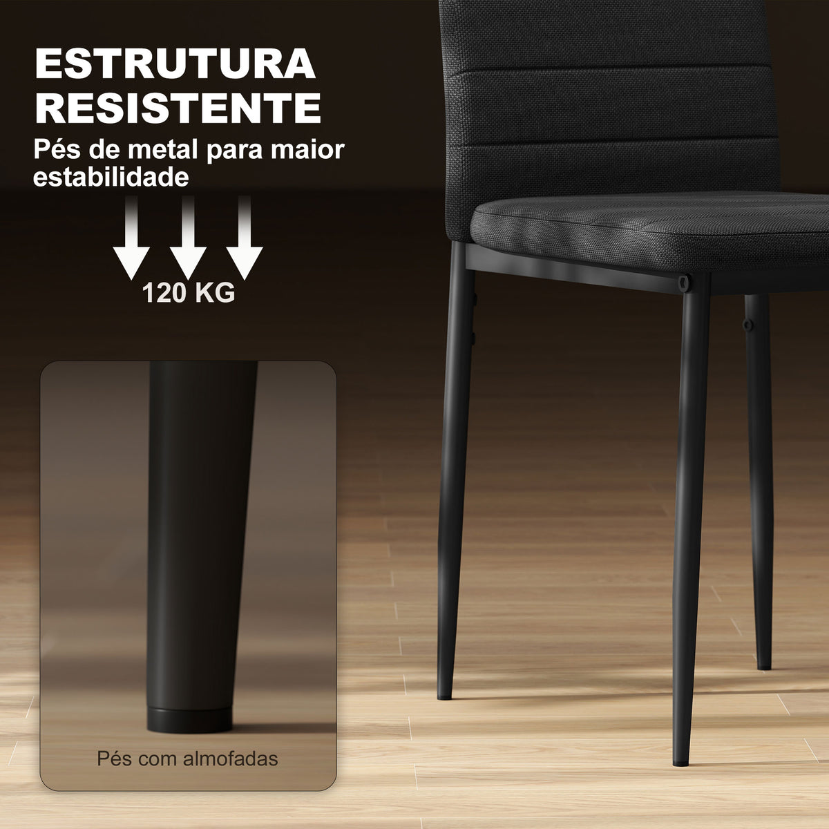 Conjunto de 6 Cadeiras de Sala de Jantar Estofadas em Linho com Pernas em Metal Cadeiras Modernas para Cozinha Quarto Suporta até 120 kg 41x50x97 cm Preto — foto 4