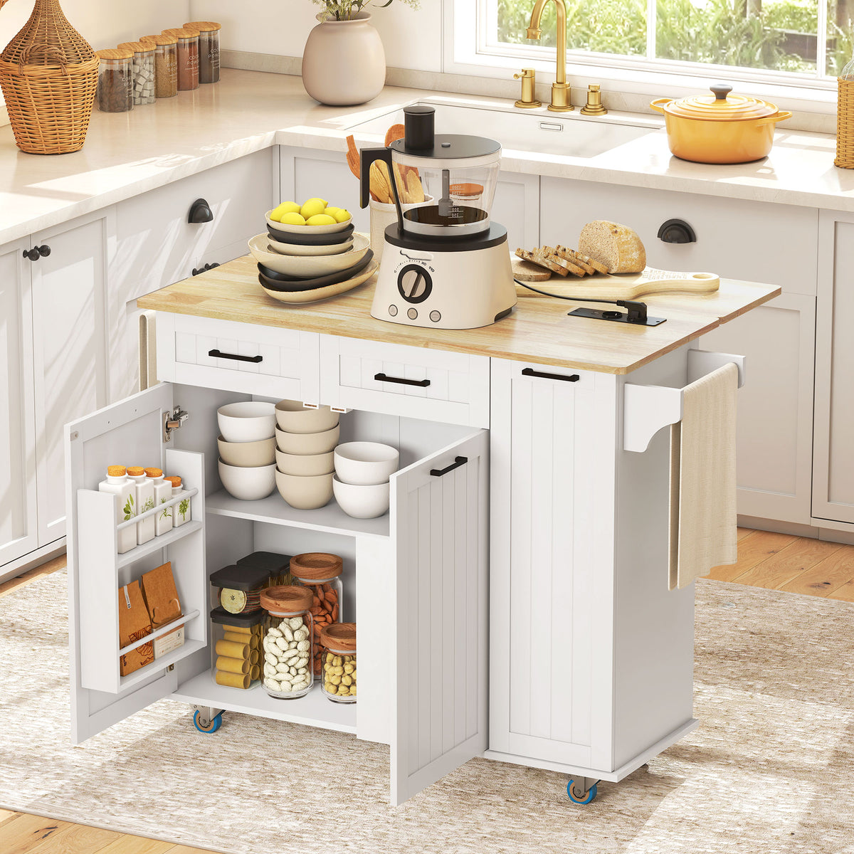 Ilha de Cozinha com Rodas Carrinho de Cozinha com Tomada USB Bancada Rebatível 2 Gavetas 2 Portas Prateleira Ajustável Porta-Temperos e Toalheiro 119,5x74x94,5 cm Branco — foto 2