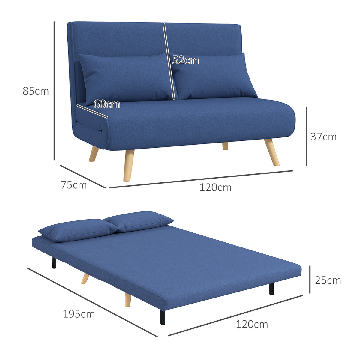 Sofá Cama de 2 Lugares Sofá Cama Dobrável Estofado em Linho com Encosto Ajustável em 5 Posições e 2 Almofadas Sofá Cama Pequeno para Sala de Estar 120x75x85 cm Azul Escuro — foto 3