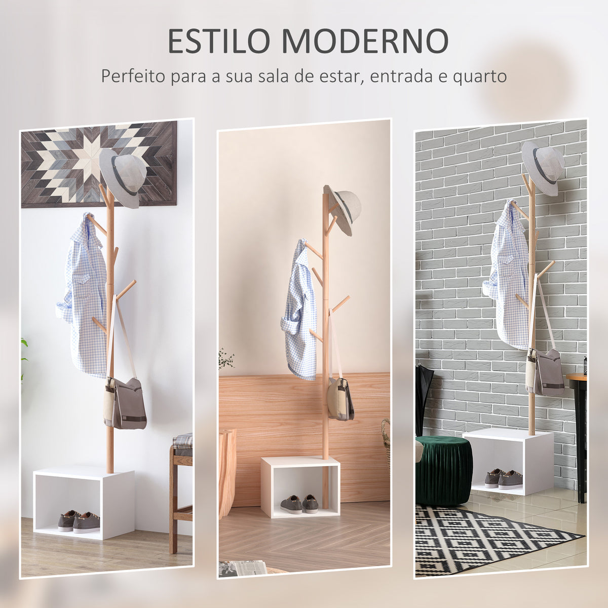 Cabide de Pé com Sapateira Cabide Tipo Árvore Moderno 6 Ganchos para Pendurar Roupa Malas Banco com Arrumação Corredor de Entrada Bambu 40x30x180cm — foto 4
