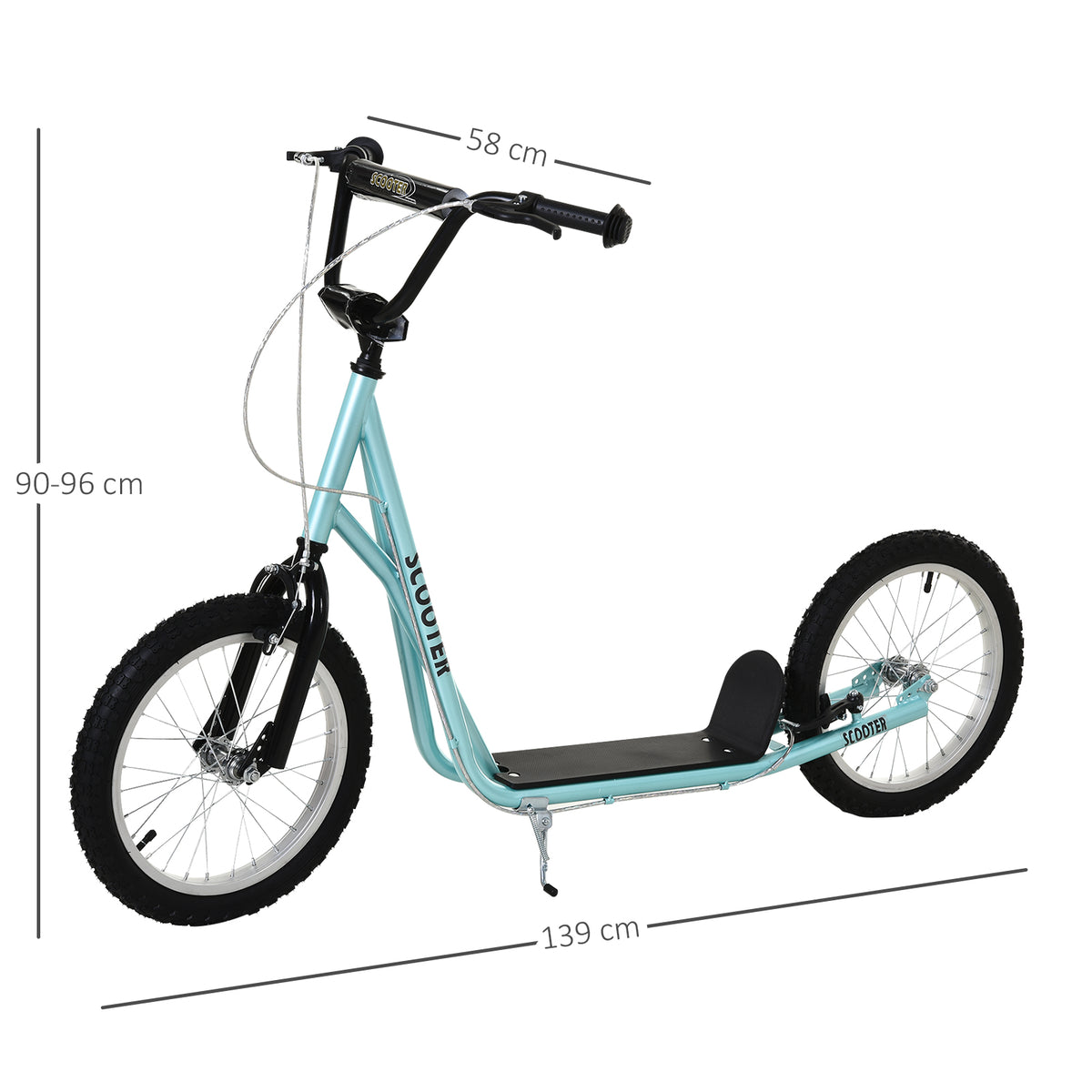 Trotinete para Crianças acima de 5 Anos e Adolescentes com Guiador Ajustável em Altura 2 Pneus de Borracha Insufláveis com Travagem Dupla e Rodas 16" Carga 100 kg 139x58x90-96 cm Azul — foto 3