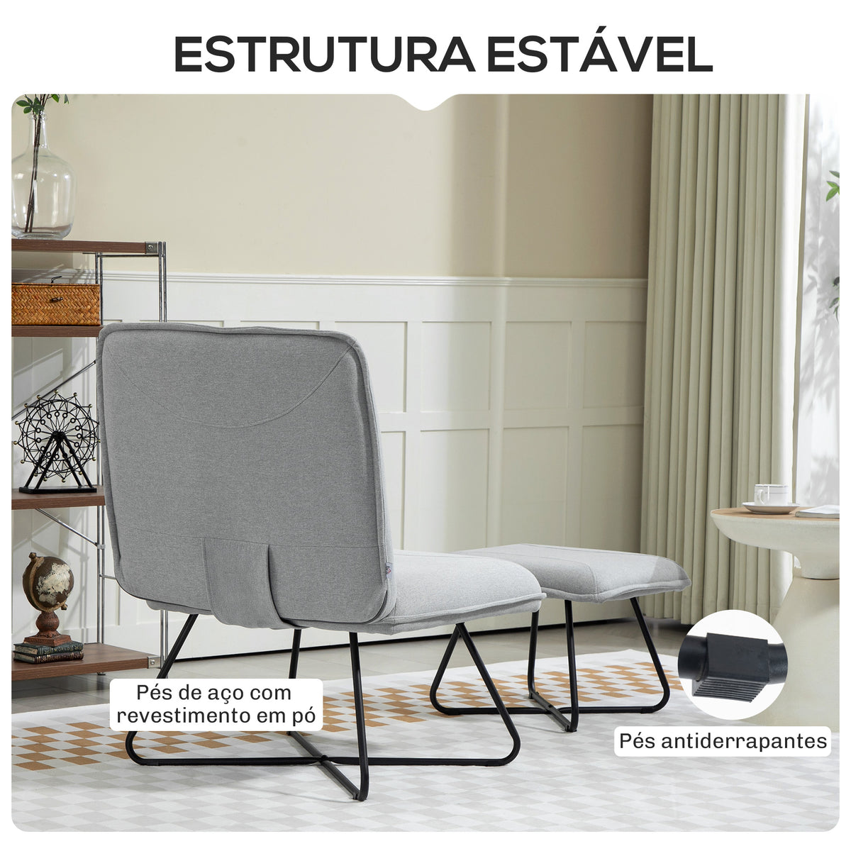 Poltrona Sala de Estar com Apoio para os Pés Poltrona Relax sem Apoio para os Braços com Pés de Aço em Forma de Cruz para Sala de Estar Dormitório Cinza Claro — foto 5