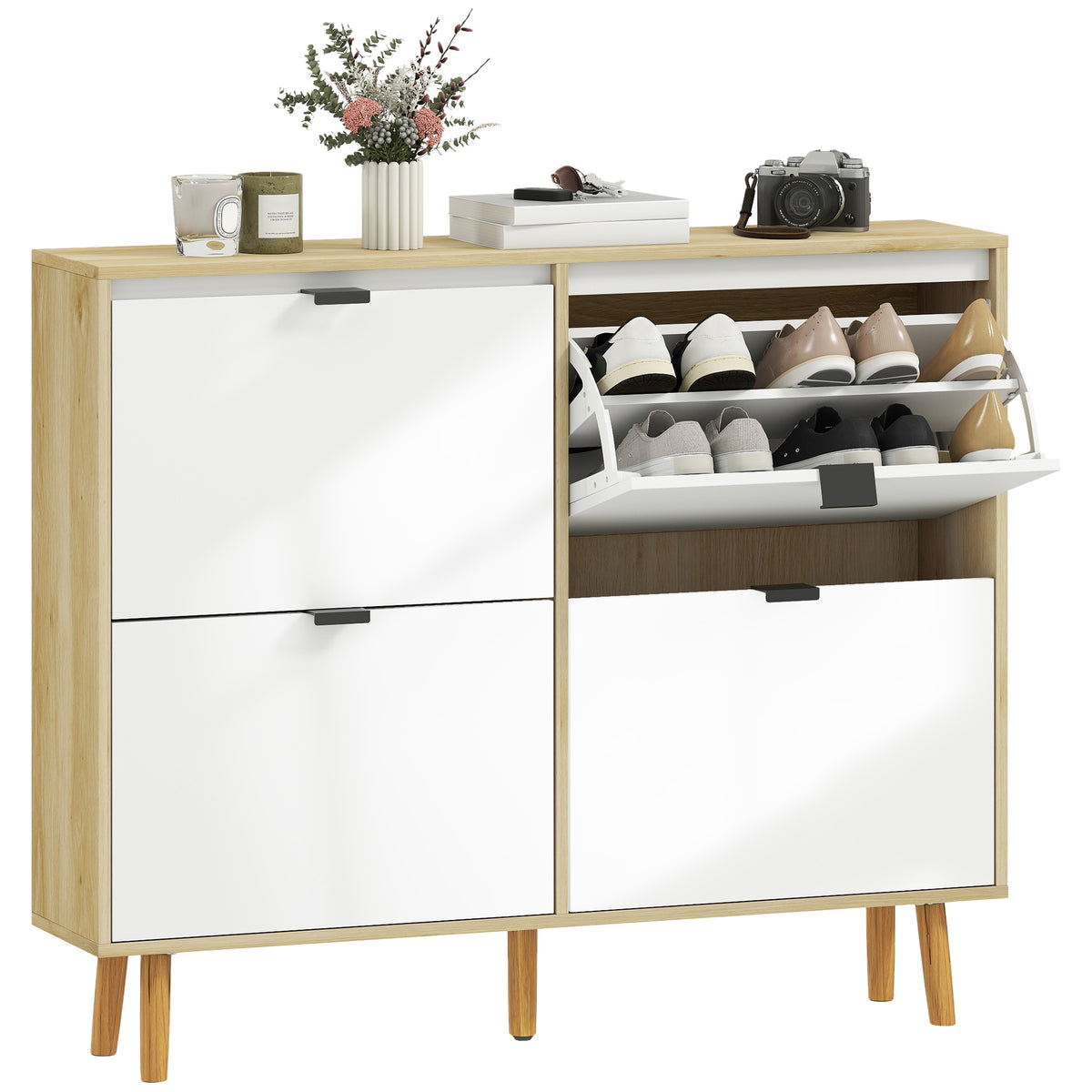 Sapateira Estreita com 4 Portas em Branco Brilho Sapateira de Entrada com Prateleiras Ajustáveis e Pernas de Madeira para 20 Pares de Sapatos 105x24x92,5 cm Branco — foto 1