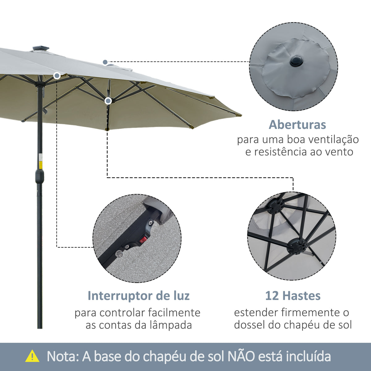 Chapéu de Sol Duplo de Jardim com 48 Luzes LED Solar 450x265x240cm Chapéu de Sol de Exterior com Manivela Proteção Solar para Terraço Balcão Piscina Cinza Claro — foto 5