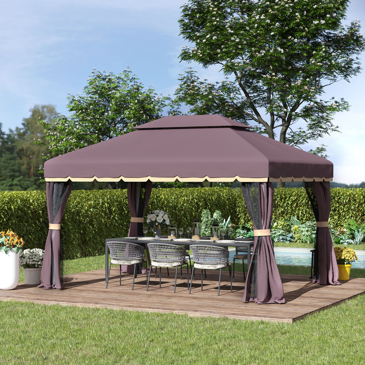 Pérgola de Jardim 4x3m Pérgola de Alumínio com Teto de Ventilação 4 Cortinas Laterais Tela Mosquiteira e 8 Orifícios de Drenagem para Exterior Pátio Festas Marrom — foto 2