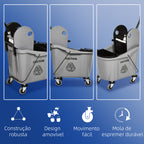 Balde de Esfregona Comercial Balde de Esfregona com Espremedor de Pressão para Baixo Capacidade 36L com 4 Rodas Silenciosas 2 Cubetas Separadas 54x41x91,5 cm Cinza — foto 7