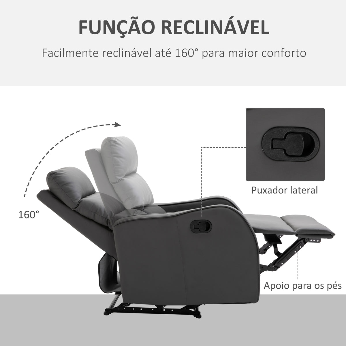 Poltrona Reclinável Manual, Poltrona Relax Estofada em PU com Apoio para Pés Retrátil, Acolchoada, Reclinável até 160°, para Sala, Quarto, Cinzento, 65x89x100 cm — foto 4