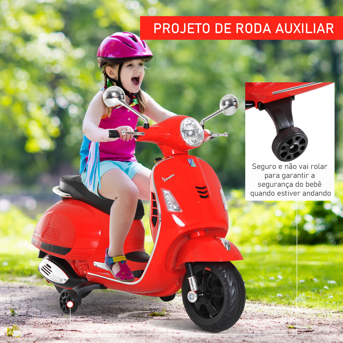 Mota Elétrica para Crianças de 3-6 Anos com Licença Vespa Moto a Bateria para Crianças com Música Velocidade 2-3 km/h e Buzina Carga 30 kg 102x50,5x75,5 cm Vermelha — foto 5