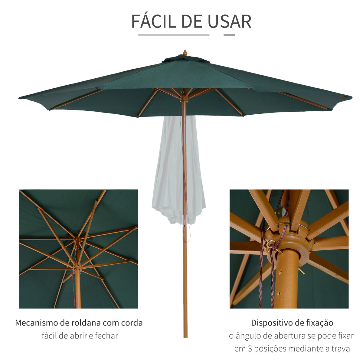 Chapéu de Sol Ø300x250cm Chapéu de Sol com Mastro de Madeira com 8 Hastes Sistema de Polia com Fixação para Jardim Pátio Terraço Verde — foto 5