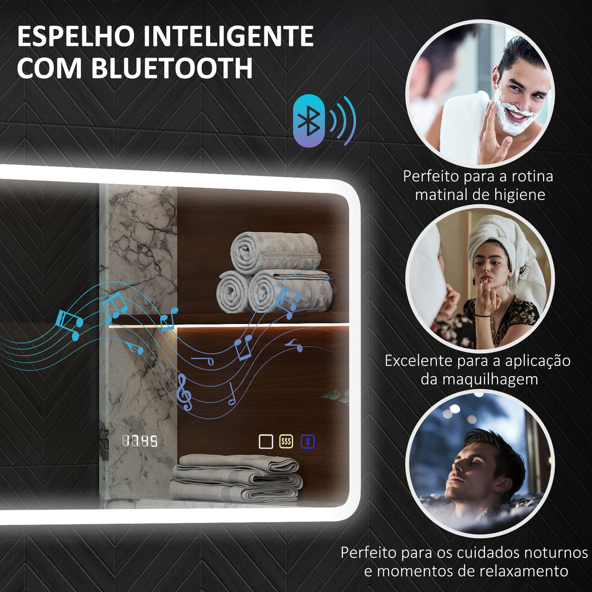 Espelho de Casa de Banho com Luz LED 70x50 cm Espelho de Parede com Bluetooth 3 Cores de Luz Relógio Digital Função Antiembaciamento Função de Memória Interruptor Tátil IP44 Prata - Modelo 2 — foto 5