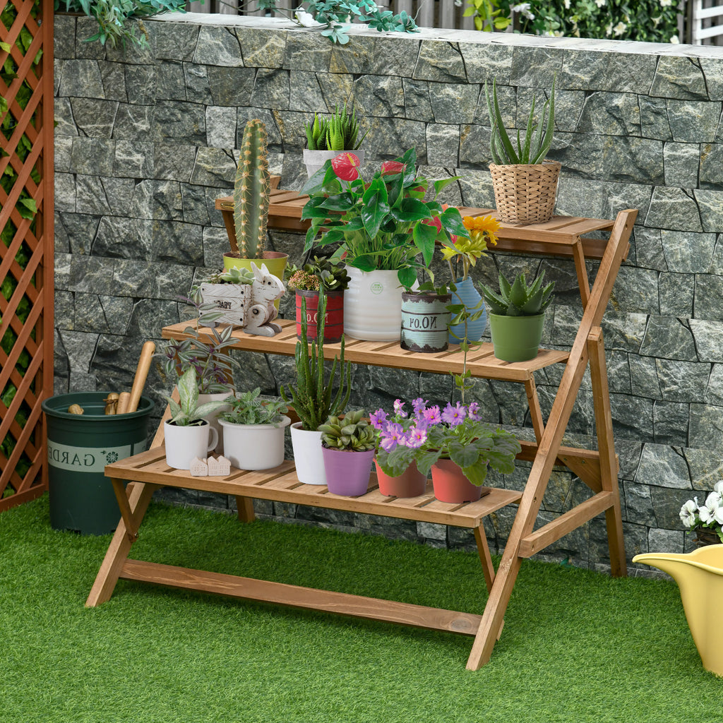 Suporte de Madeira para Plantas em Forma de Escada com 3 Prateleiras Dobrável Suporte de Vasos de Plantas para Decoração de Interiores e Exteriores 101x83x88cm Marrom — foto 2