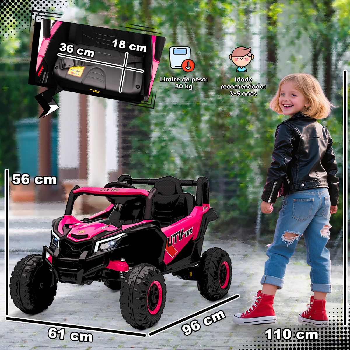 Carro Elétrico para Crianças 12V UTV com 2 Motores Controlo Remoto 2,4G Velocidade até 7 km/h Sistema de Suspensão Faróis USB para Crianças acima de 3 Anos 96x61x56 cm Rosa — foto 3