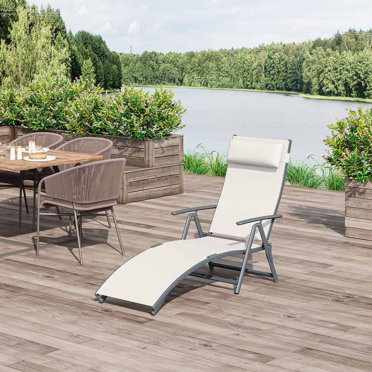 Espreguiçadeira Dobrável de Jardim com Encosto Ajustável em 7 Posições Apoio para a Cabeça para Terraço Piscina Exterior Carga Máxima 165kg 137x63,5x100,5cm Creme — foto 2