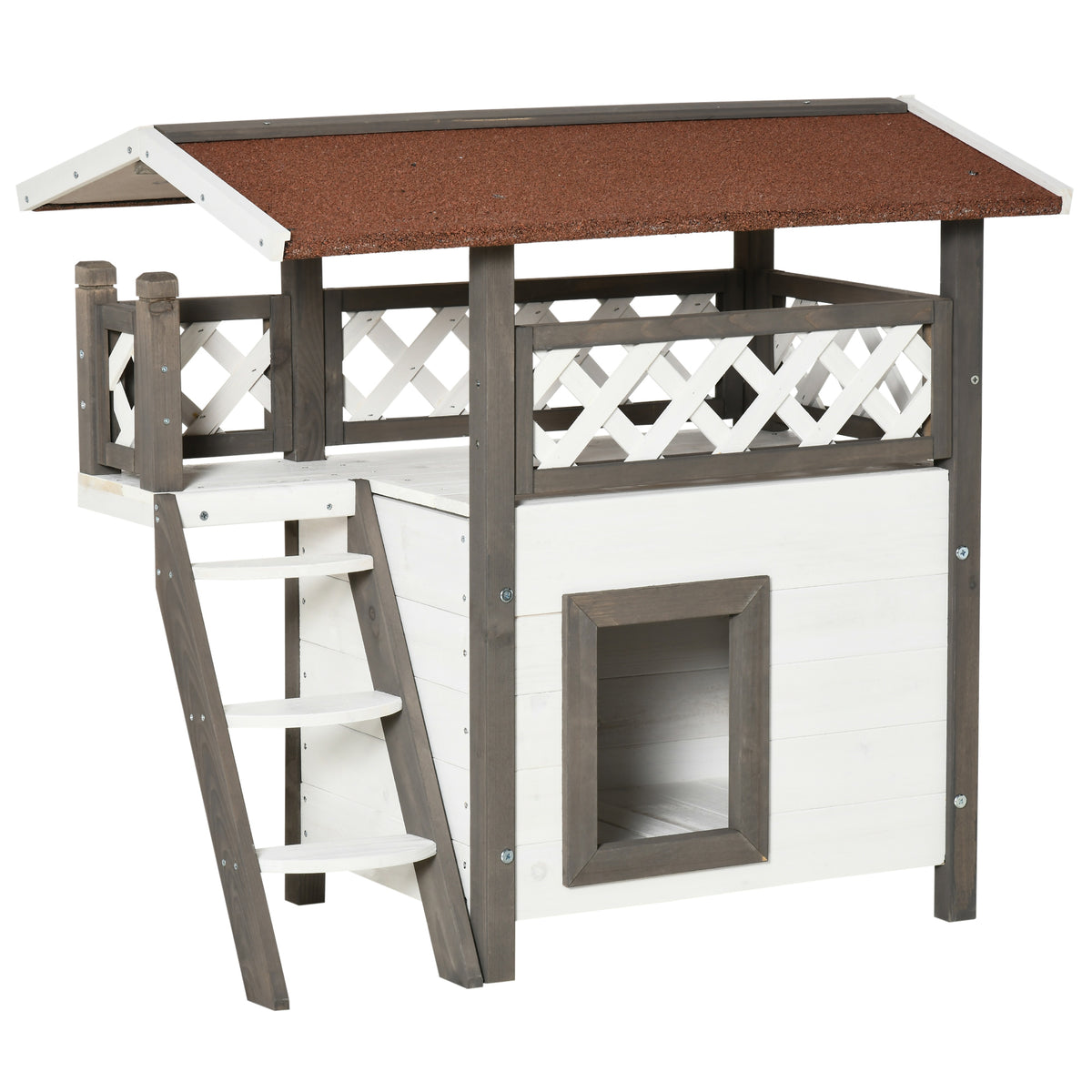 Casa para Gatos de Madeira 77x50x73cm Casa para Gatos com 2 Níveis com Teto Asfáltico Terraço Cercado Caverna e Escada para Interior e Exterior Branco e Cinza — foto 1