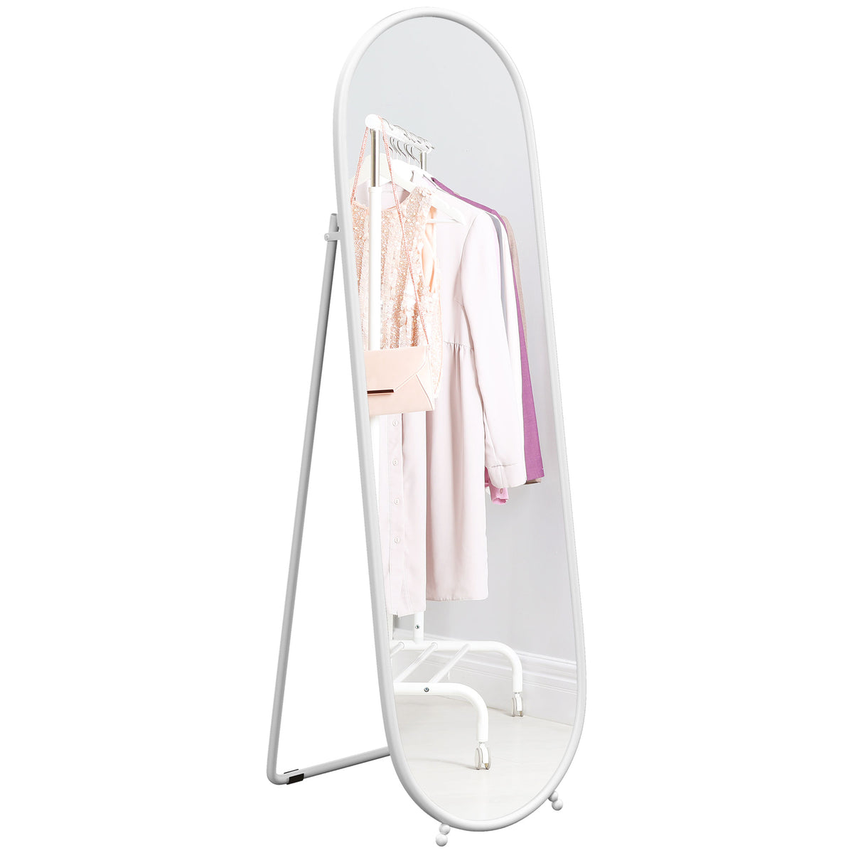 Espelho de Pé 160x40 cm Espelho de Corpo Inteiro com Moldura Metálica Espelho de Parede Oval com Suporte e 2 Formas de Utilização para Sala de Estar Entrada e Quarto Branco — foto 1