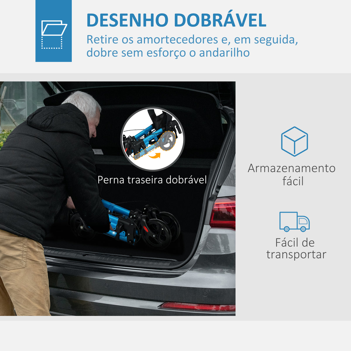Andarilho Idosos Dobrável de Alumínio Andador para Pessoas Maiores com Assento e 4 Rodas Andarrilho com Altura Ajustável Travão e Bolsa de Transporte 66x65x80-93 cm Preto e Azul — foto 4