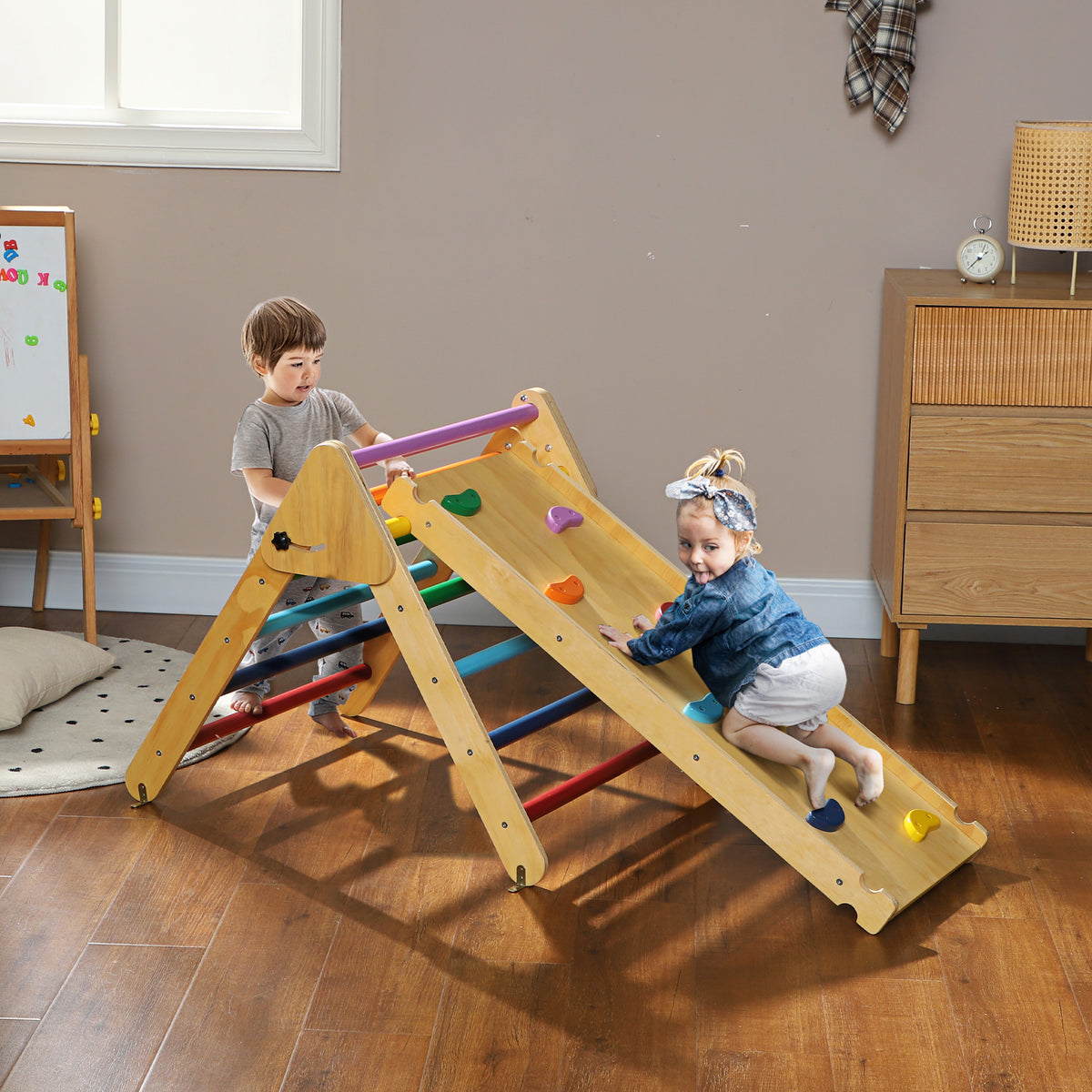 3 em 1 Triângulo de Escalada Montessori, Escalador Infantil de Madeira Dobrável, para Crianças dos 18 aos 48 Meses, com Rampa para Deslizar ou Escalar, 147x64,5 cm, Multicolor — foto 2