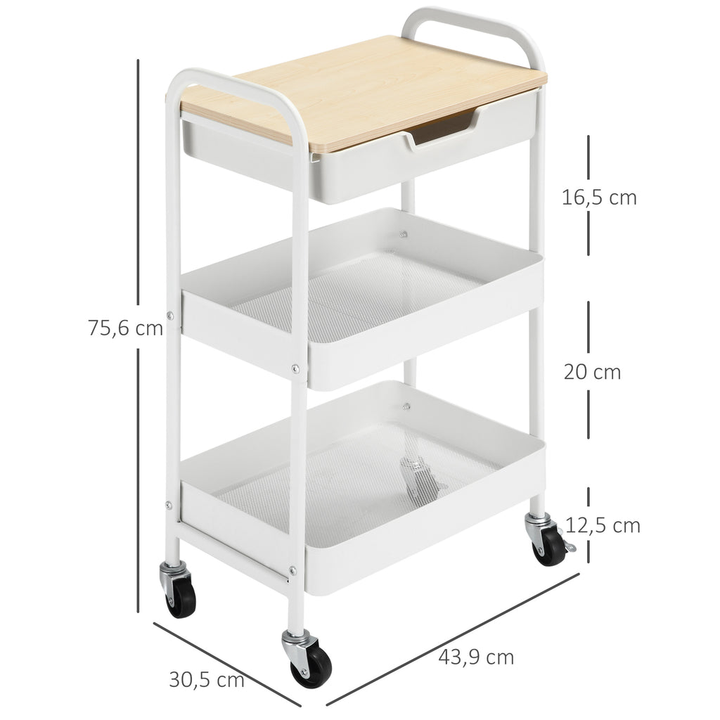 Carrinho de Cozinha com Rodas Carrinho de Armazenamento com Gaveta 2 Prateleiras e Rodas com Freios para Casa de Banho Sala de Estar Dormitório 43,9x30,5x75,6cm Branco e Madeira Natural — foto 3