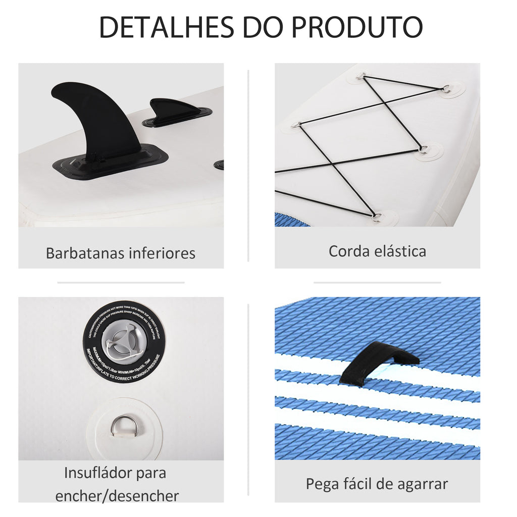 Prancha de surf inflável com remo ajustável Almofada antideslizante e acessórios completos Máx. 120 kg 305x80x15 cm Azul Branco — foto 5