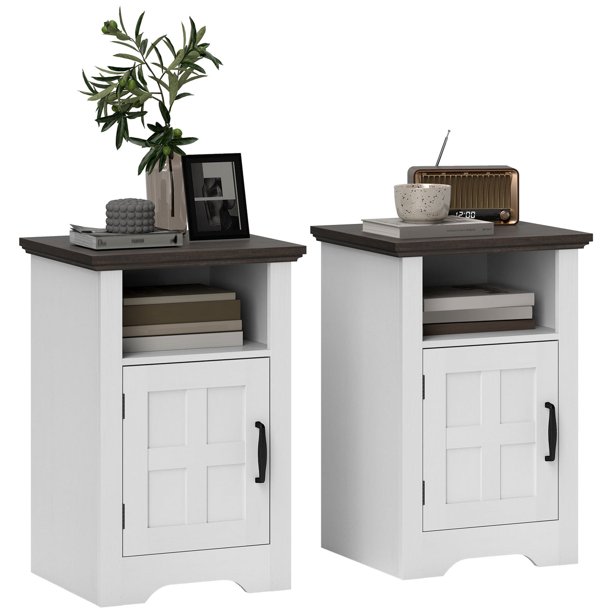Conjunto de 2 Mesas Auxiliares para Sala Mesas de Cabeceira com Porta Estilo Celeiro e Prateleira Aberta Mesas de Centro Pequenas Rústicas para Dormitório 40x35x60 cm Branco — foto 1