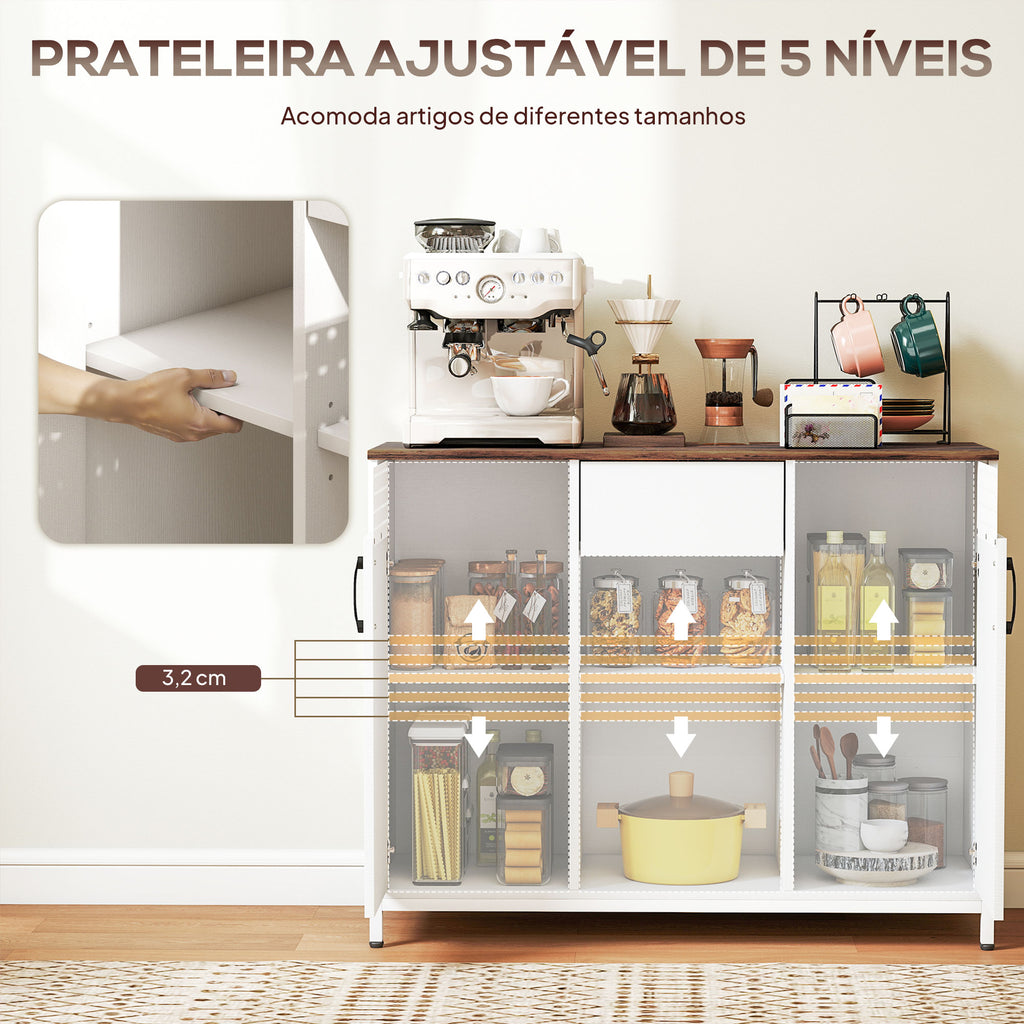Aparador de 2 Portas com Orifícios Aparador de Sala com 2 Compartimentos e Gaveta Prateleiras Ajustáveis para Cozinha Entrada Dormitório 100x40x80 cm Branco e Castanho Rústico — foto 5