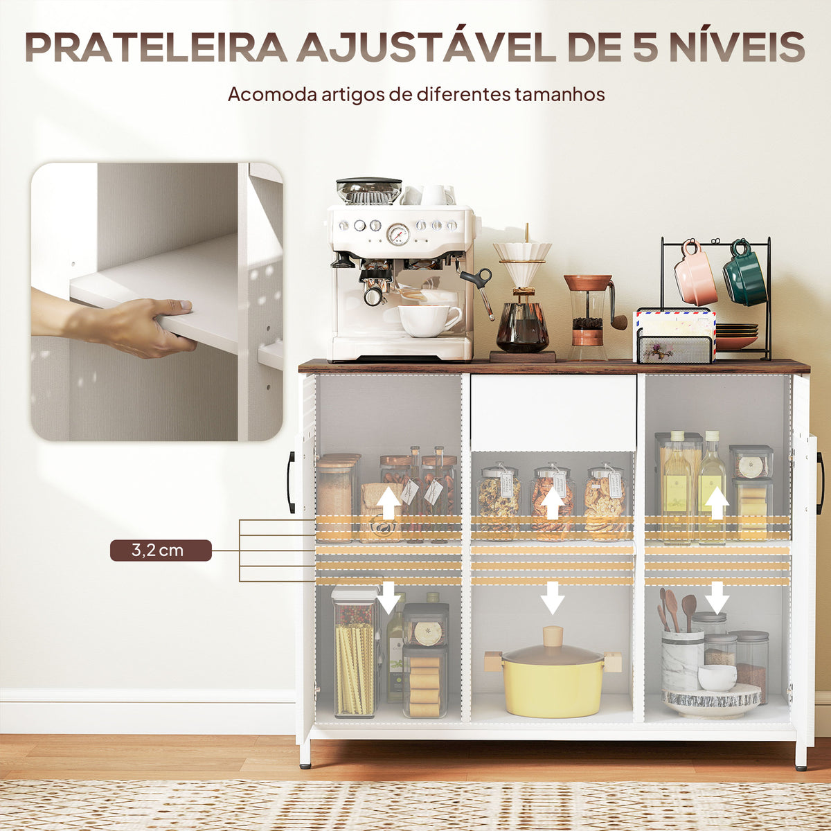 Aparador de 2 Portas com Orifícios Aparador de Sala com 2 Compartimentos e Gaveta Prateleiras Ajustáveis para Cozinha Entrada Dormitório 100x40x80 cm Branco e Castanho Rústico — foto 5