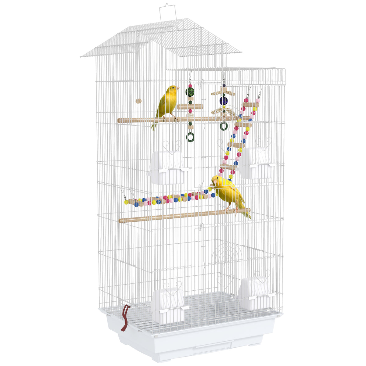 Gaiola para Passáros Gaiola de Metal com Múltiplas Portas 4 Comedouros 3 Poleiros Baloiço Escadas e Bandeja Removível para Periquitos Canários 46x36x100 cm Branco — foto 1