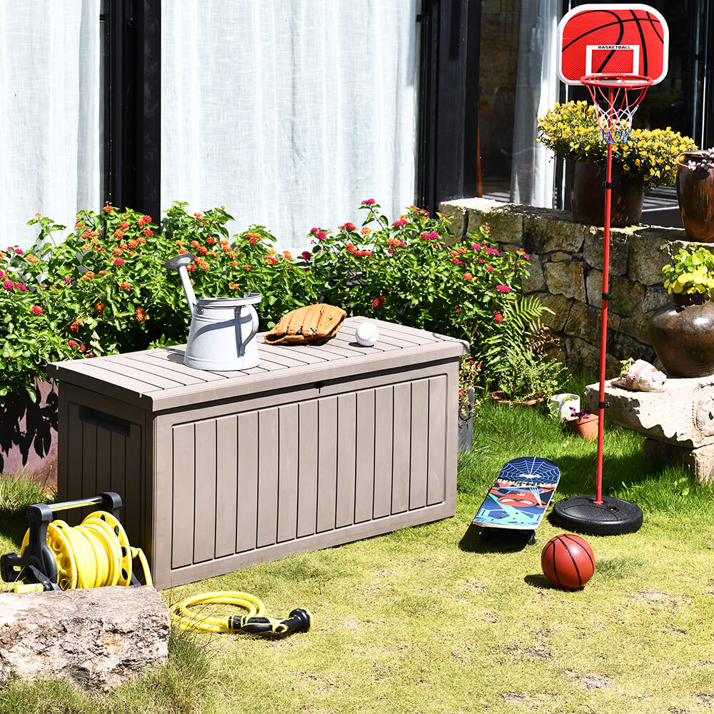 Caixa de armazenamento ao ar livre de 290L com alças e rodas embutidas baú para terraço e jardim 50 kg 124x52,5x56,5 cm Cinza Claro — foto 2